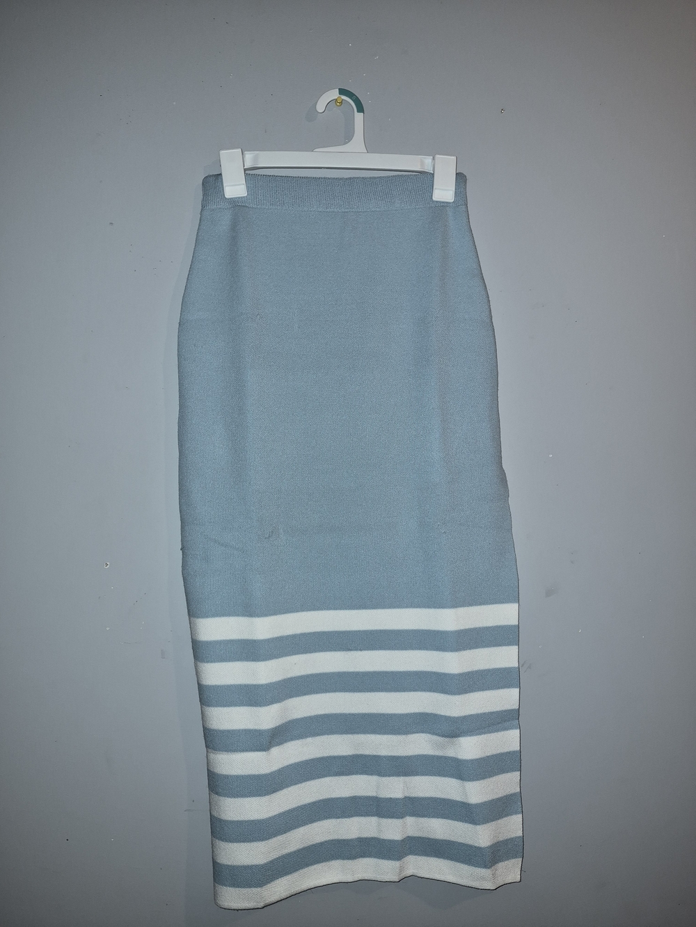 Edited  By Remi Bader Striped Light Blue Knit Maxi Skirt with White Hem